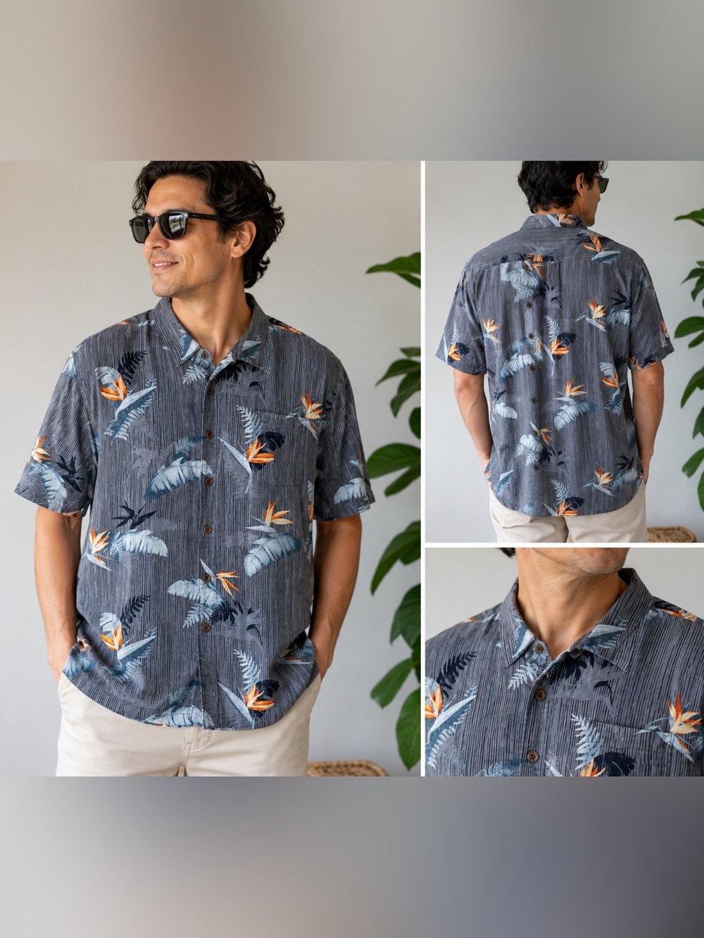 Tommy Bahama Silk Button Up Shirt Hawaiian Floral Palm Mens XL Textured Gray
